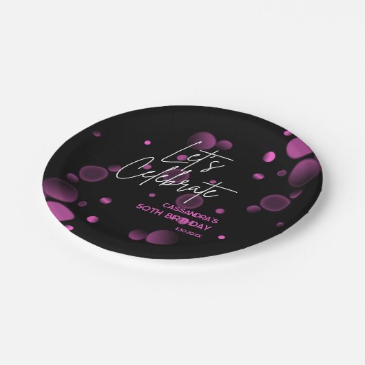 Assiettes En Carton Fêtons l'anniversaire rose Bokeh Gradient noir (Angle)