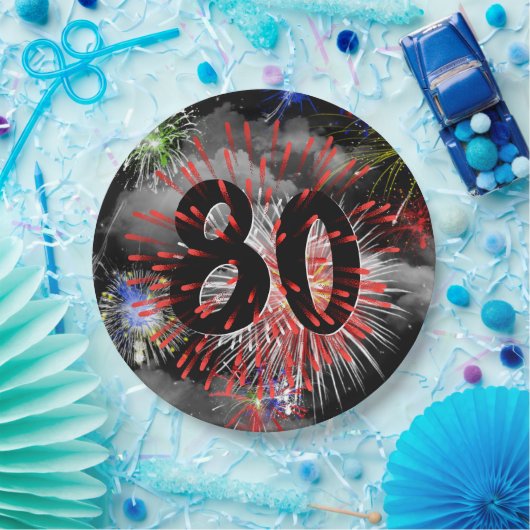 Assiettes En Carton Feu d'artifice 80e Anniversaire En Plaque Papier N (Fête)