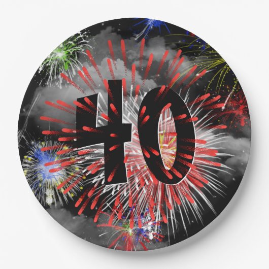Assiettes En Carton Feu d'artifice du 40e anniversaire dans les nuages (Devant)