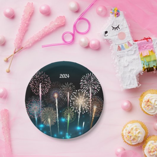 Assiettes En Carton Feu d'artifice du Joyeux Nouvel An 2024 (Fête)