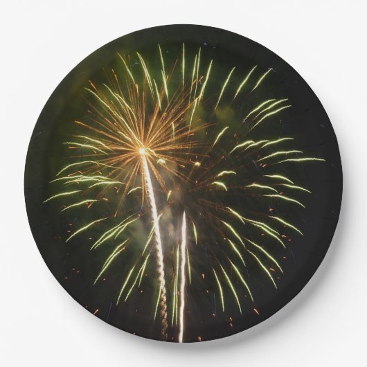 Assiettes En Carton Feu d'artifice vert et or Fête de vacances (Devant)