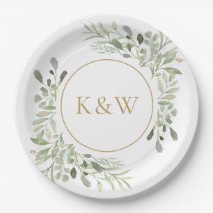 Assiettes En Carton Feuillage d'eucalyptus à monogramme doré
