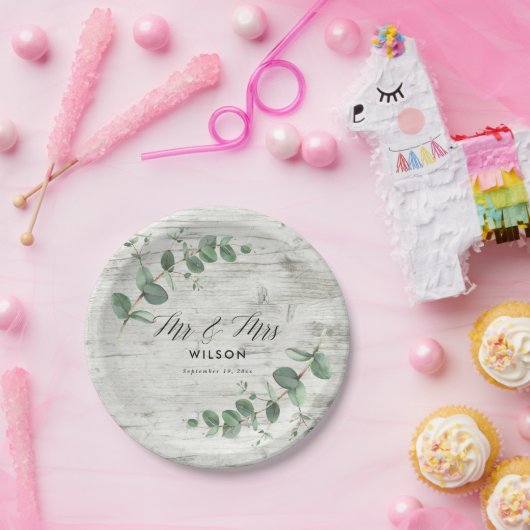 Assiettes En Carton feuillage d'eucalyptus en bois blanc plaque mariag (Fête)