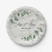 Assiettes En Carton feuillage d'eucalyptus en bois blanc plaque mariag (Devant)