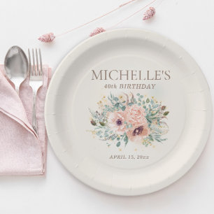 Assiettes En Carton Feuillage floral rose pailleté 40e anniversaire