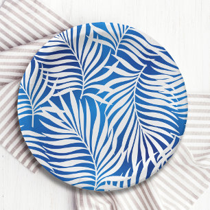 Assiettes En Carton Feuillage Tropical Bleu Et Blanc   Floral