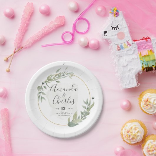 Assiettes En Carton Feuillage vert et cadre cercle or (Fête)