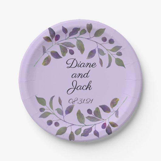 Assiettes En Carton Feuille d'aquarelle violette Mariage (Devant)