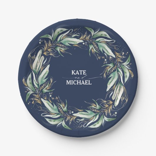 Assiettes En Carton Feuille d'or Vert Mariage bleu marine (Devant)