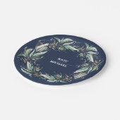 Assiettes En Carton Feuille d'or Vert Mariage bleu marine (Angle)