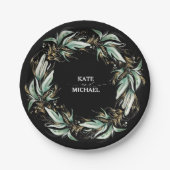 Assiettes En Carton Feuille d'or vert Mariage noir (Devant)