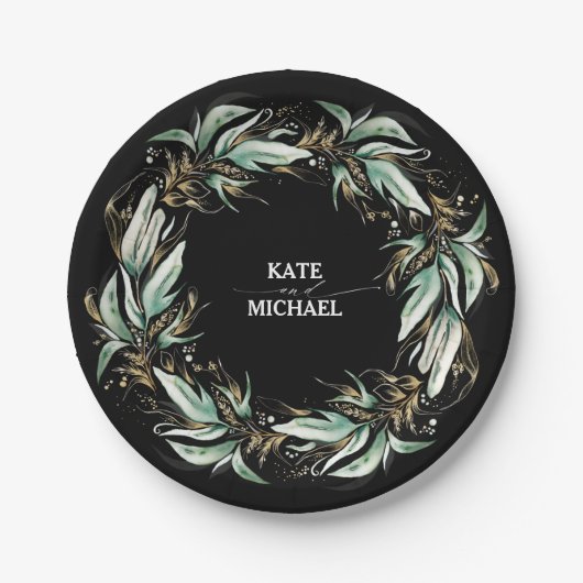 Assiettes En Carton Feuille d'or vert Mariage noir (Devant)
