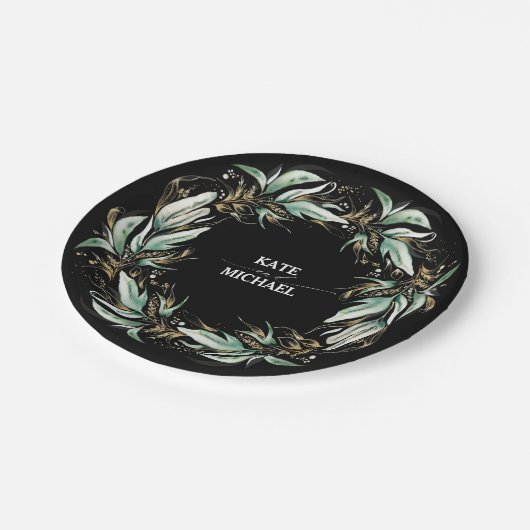 Assiettes En Carton Feuille d'or vert Mariage noir (Angle)