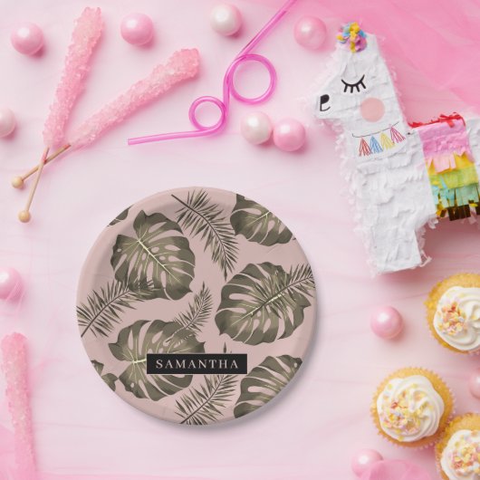 Assiettes En Carton Feuille Tropical Pink & Gold Palm Motif et nom (Fête)