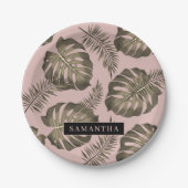 Assiettes En Carton Feuille Tropical Pink & Gold Palm Motif et nom (Devant)