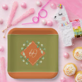 Assiettes En Carton Feuilles automnales orange et vert monogramme (Fête)