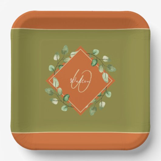 Assiettes En Carton Feuilles automnales orange et vert monogramme (Recto)