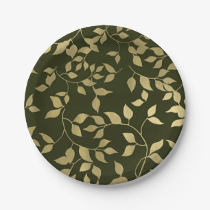 Assiettes En Carton Feuilles Botaniques en Faux Feuille Dorée et Verte