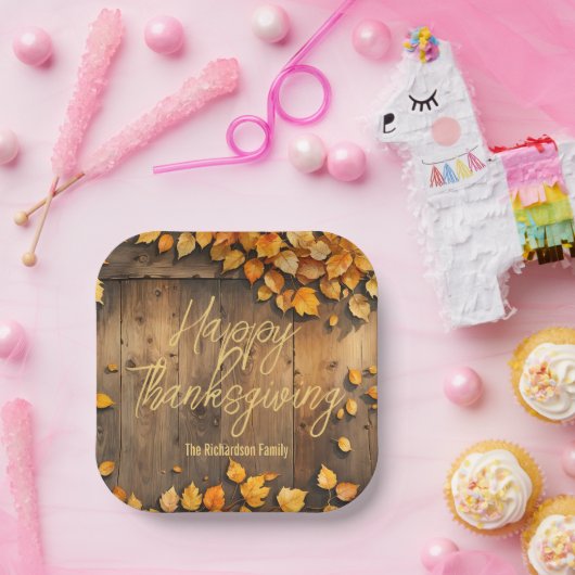 Assiettes En Carton Feuilles d'automne rustiques sur le bois Thanksgiv (Fête)