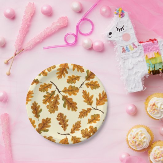Assiettes En Carton Feuilles de chêne automnal sur blanc (Fête)