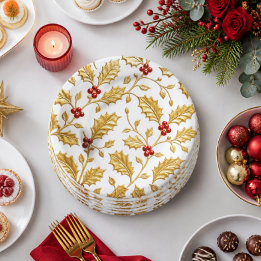 Assiettes En Carton Feuilles de houx dorées élégantes de Noël
