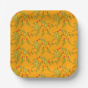 Assiettes En Carton Feuilles de Noël Holly Jolly sur fond or jaune