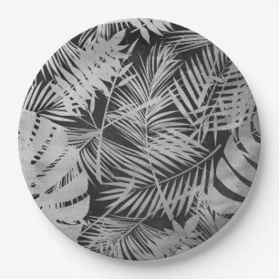 Assiettes En Carton feuilles de palmier noir et blanc