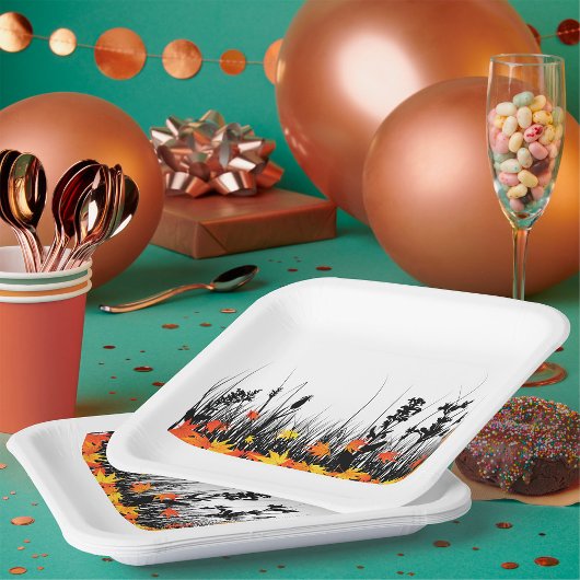 Assiettes En Carton Feuilles d'érable d'automne et silhouette d'herbe