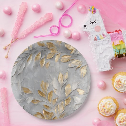 Assiettes En Carton Feuilles d'or gris argent (Fête)