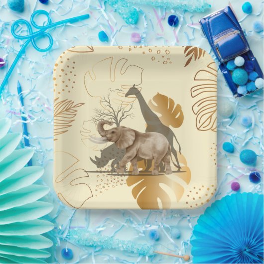Assiettes En Carton Feuilles d'or jaune, éléphant, plaques en papier g (Fête)