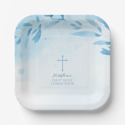 Assiettes En Carton Feuilles et croix de couleur bleu communion (Recto)