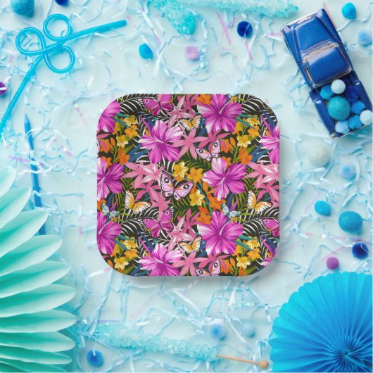 Assiettes En Carton Feuilles et fleurs tropicaux (Fête)