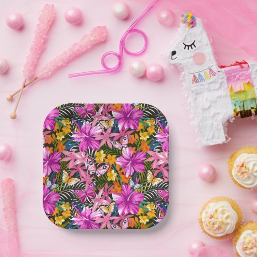 Assiettes En Carton Feuilles et fleurs tropicaux (Fête)