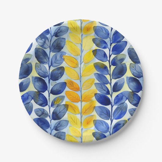 Assiettes En Carton Feuilles jaune et bleu (Devant)