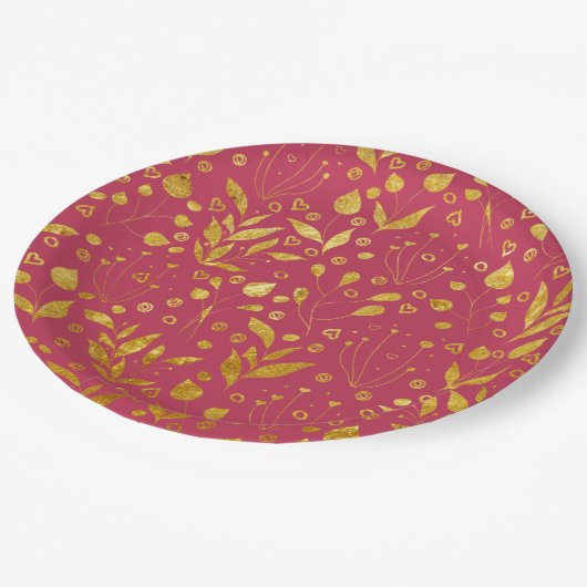 Assiettes En Carton Feuilles magenta et or (Angle)