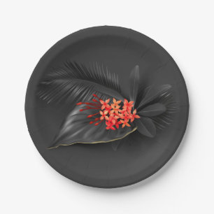 Assiettes En Carton Feuilles noirs tropicaux et fleurs rouges