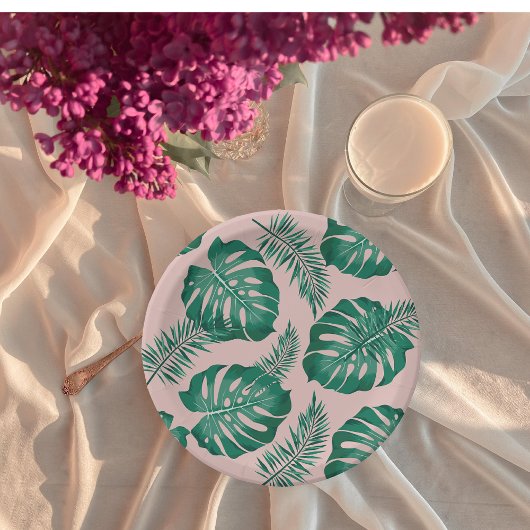 Assiettes En Carton Feuilles Pink & Green Palm sans couture Motif