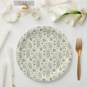 Assiettes En Carton Feuilles tombés Rpt Motif Vert sur la crème