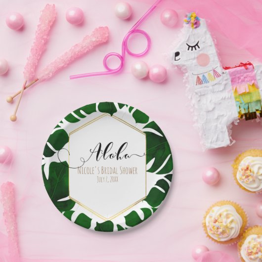 Assiettes En Carton Feuilles Tropical Vert foncé Blanc & Mariage Or (Fête)