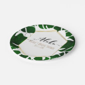 Assiettes En Carton Feuilles Tropical Vert foncé Blanc & Mariage Or (Angle)
