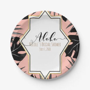 Assiettes En Carton Feuilles tropicales noires et or corail pêche pour