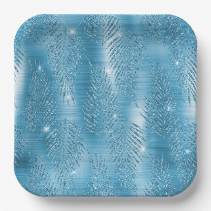Assiettes En Carton Feuilles tropicales pailletées bleu aqua scintilla