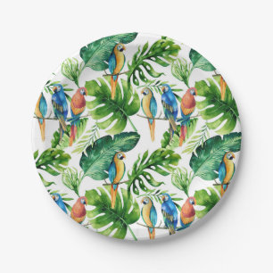 Assiettes En Carton Feuilles tropicales vertes et oiseaux pour mariage
