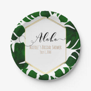 Assiettes En Carton Feuilles tropicaux Dark Green Mariage blanc et or