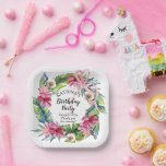 Assiettes En Carton Feuilles tropicaux | Fête d'anniversaire rose<br><div class="desc">Belle aquarelle fleurie hibiscus rose fête d'anniversaire conception de la couronne avec une végétation tropicale luxuriante et un arc rose à boucle multiple.</div>