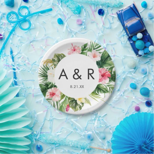 Assiettes En Carton Feuilles tropicaux Mariage Hawaï Monogramme (Fête)
