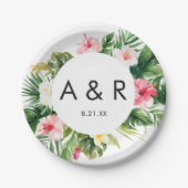 Assiettes En Carton Feuilles tropicaux Mariage Hawaï Monogramme (Devant)