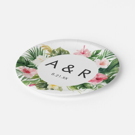 Assiettes En Carton Feuilles tropicaux Mariage Hawaï Monogramme (Angle)