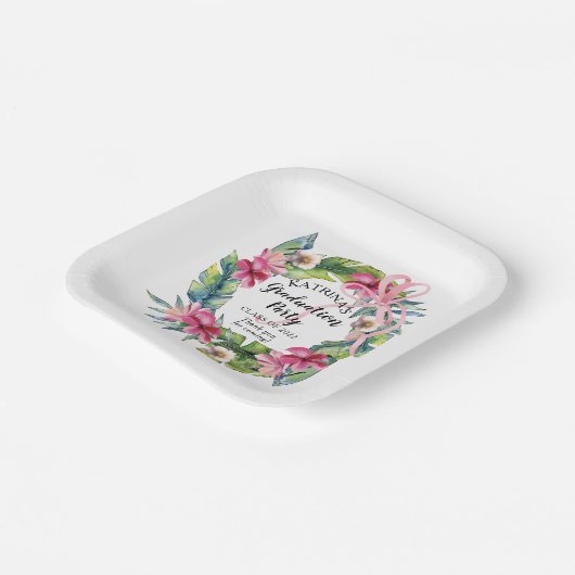Assiettes En Carton Feuilles tropicaux | Pink Floral Graduation Party (Angulaire)