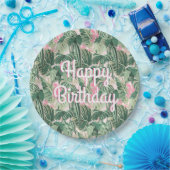 Assiettes En Carton Feuilles tropicaux verts et roses | Joyeux anniver (Fête)